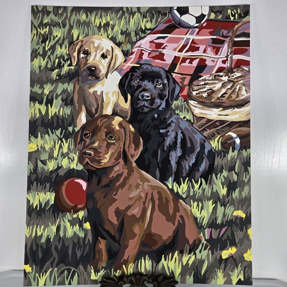 Puppy Picnic Paint by Number Acrylic Painting Finished Labrador Retrievers 16x20 - Picture 1 of 15
